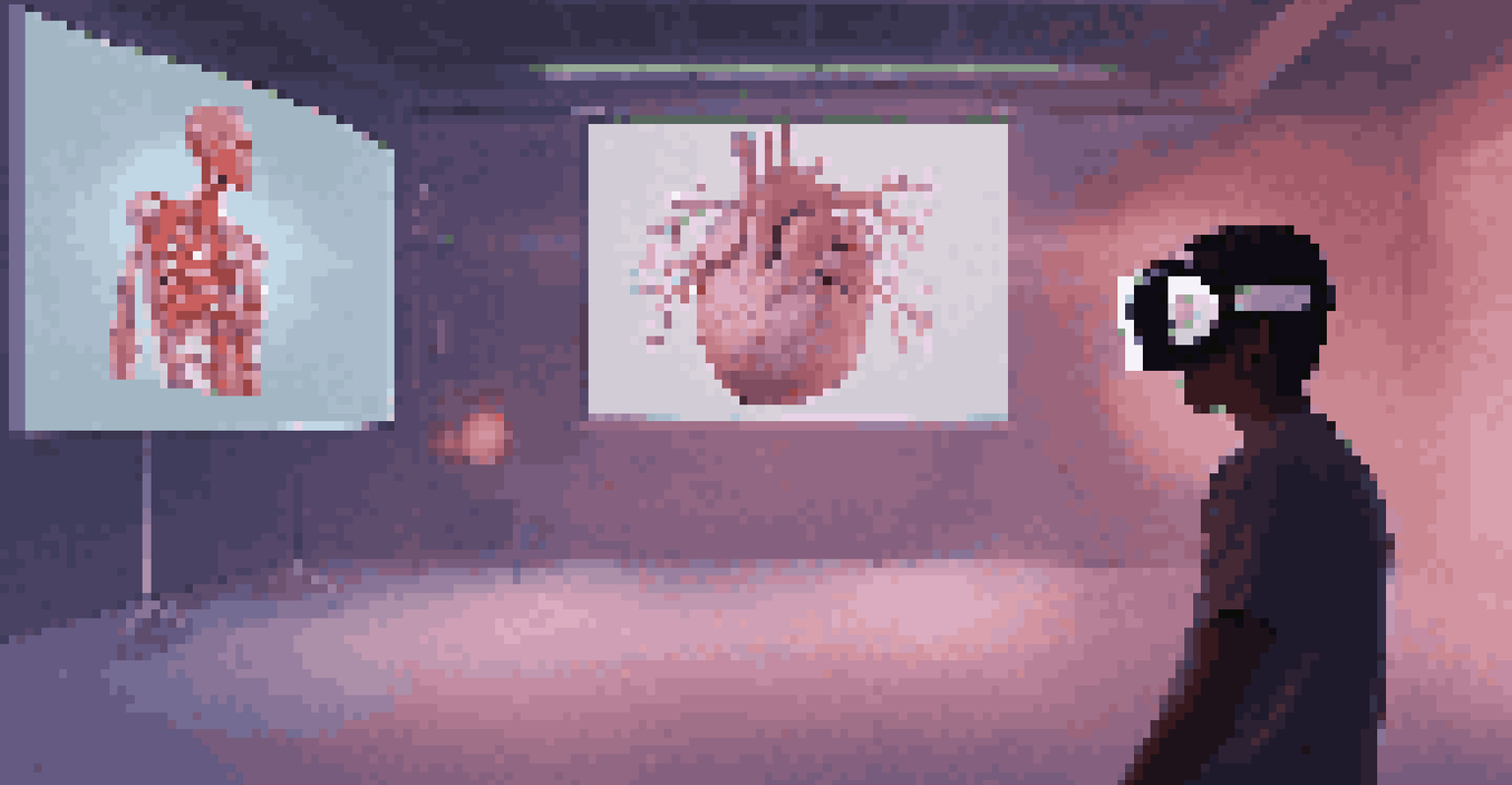 A student wearing a VR headset, exploring a 3D model of the human body in a dimly lit room filled with virtual interactive elements.