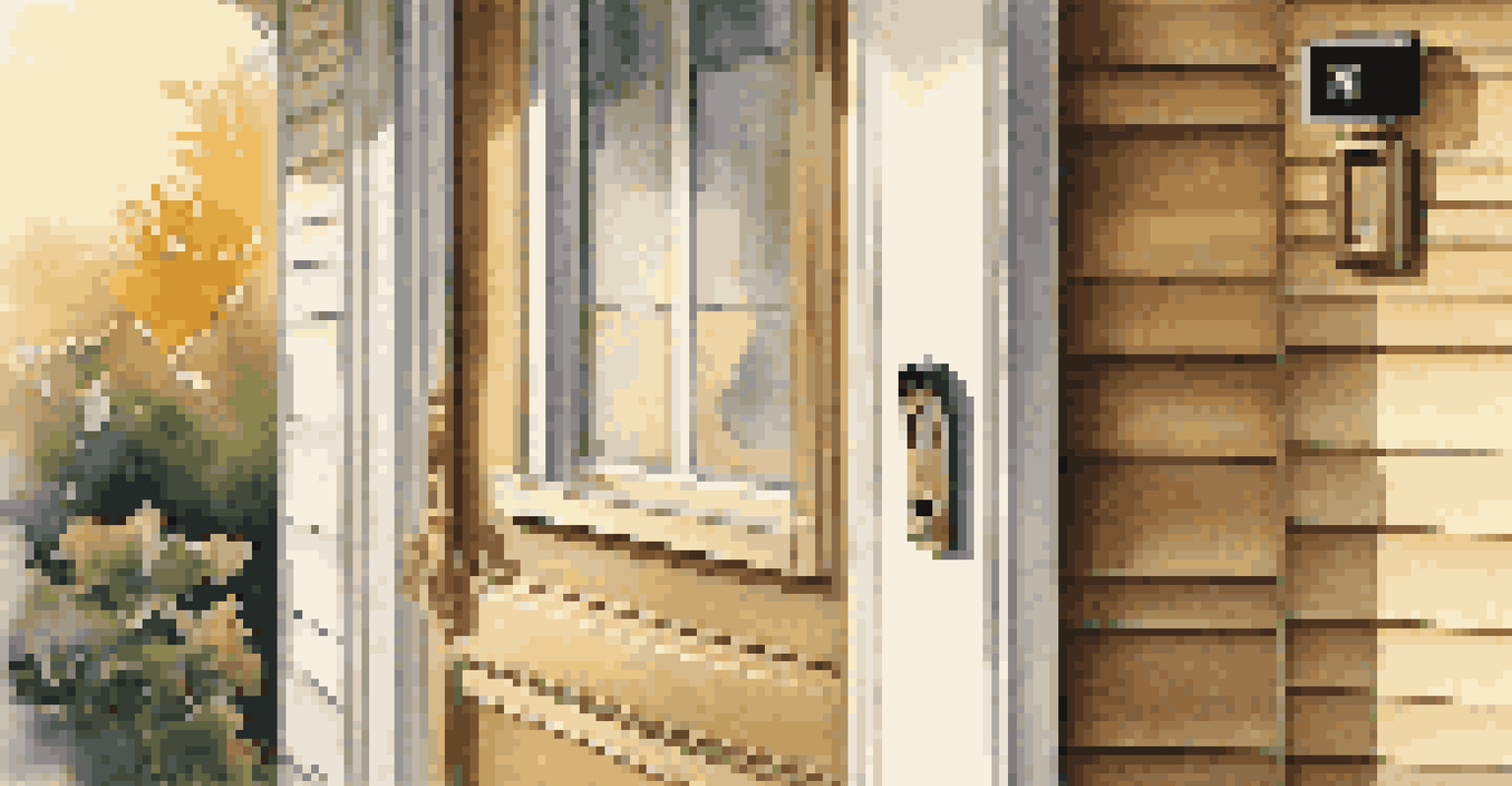 Close-up of a smart doorbell with a camera and motion sensor, set against a porch, illuminated by soft golden hour lighting.