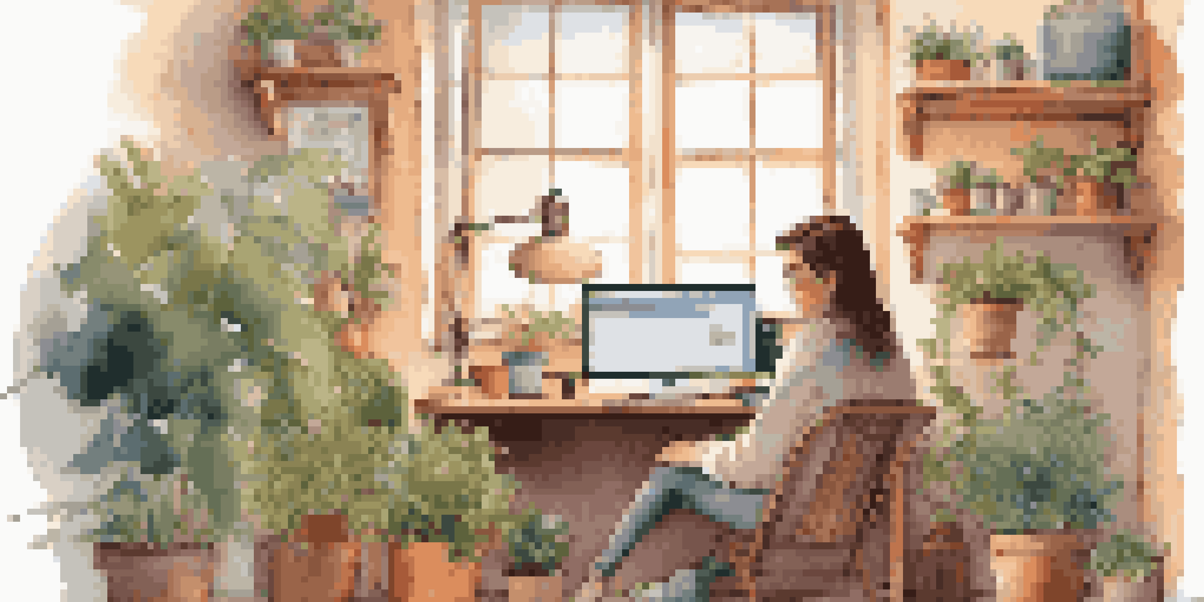 A user interacting with a friendly chatbot displayed on a computer screen in a cozy workspace, illuminated by soft ambient light.