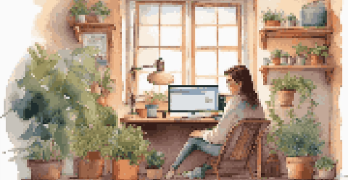 A user interacting with a friendly chatbot displayed on a computer screen in a cozy workspace, illuminated by soft ambient light.