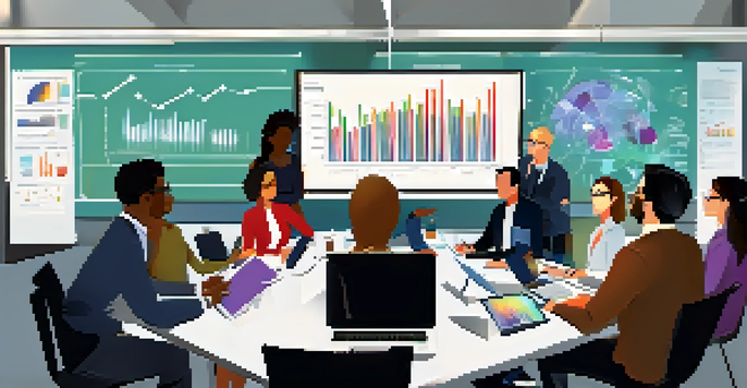 A group of diverse professionals collaborating in a modern conference room filled with technology, discussing data analysis.