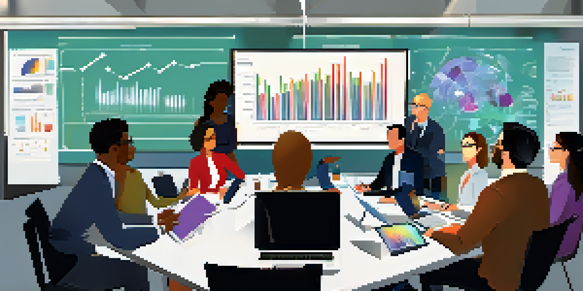 A group of diverse professionals collaborating in a modern conference room filled with technology, discussing data analysis.