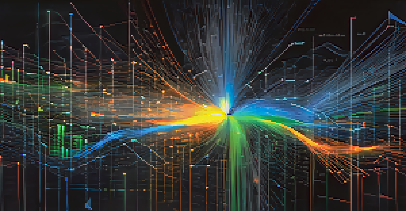 An abstract image representing big data in finance with interconnected data points and vibrant colors on a dark background.