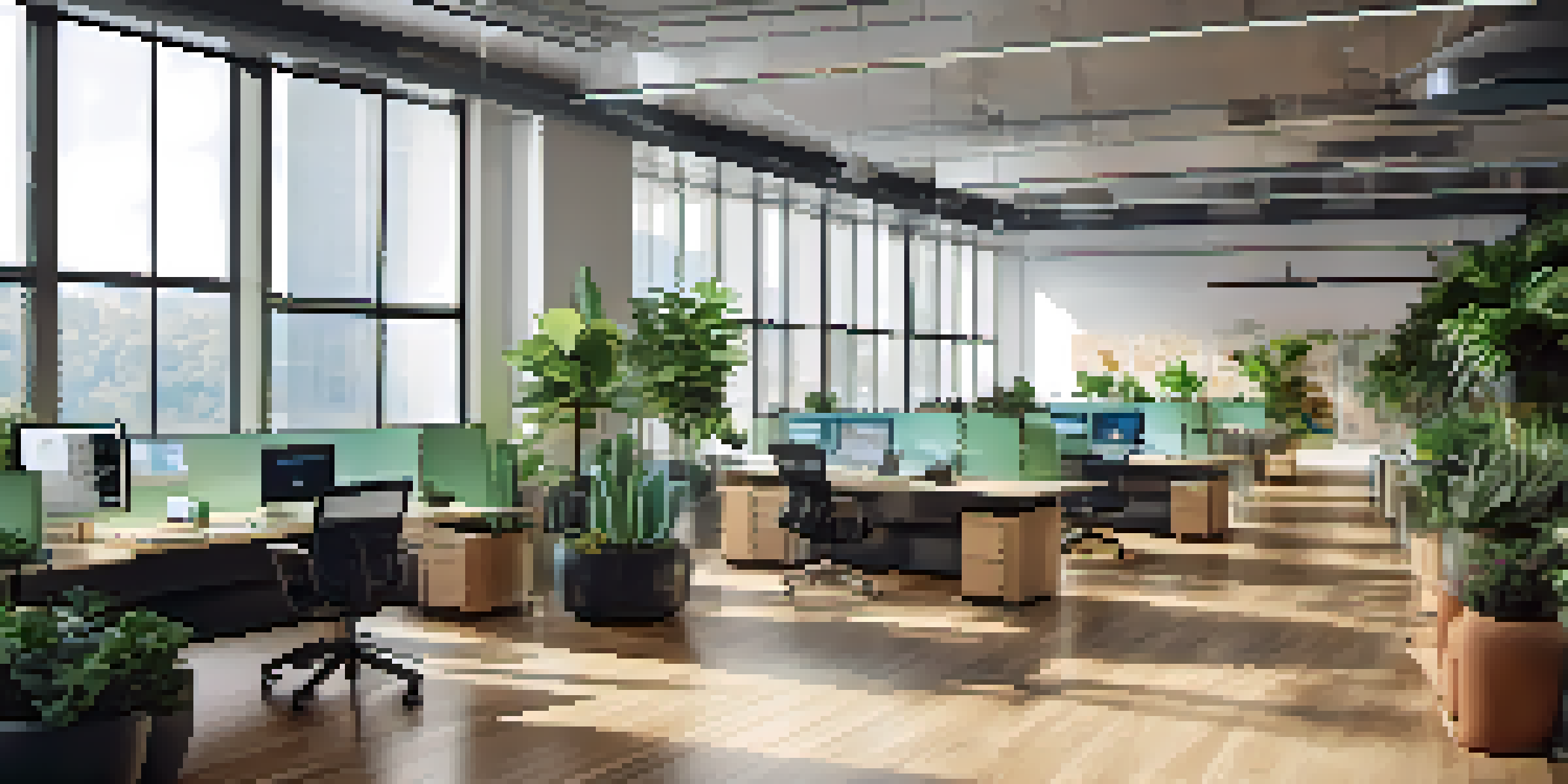 A diverse group of professionals discussing predictive analytics in a bright, modern office with large windows and plants.