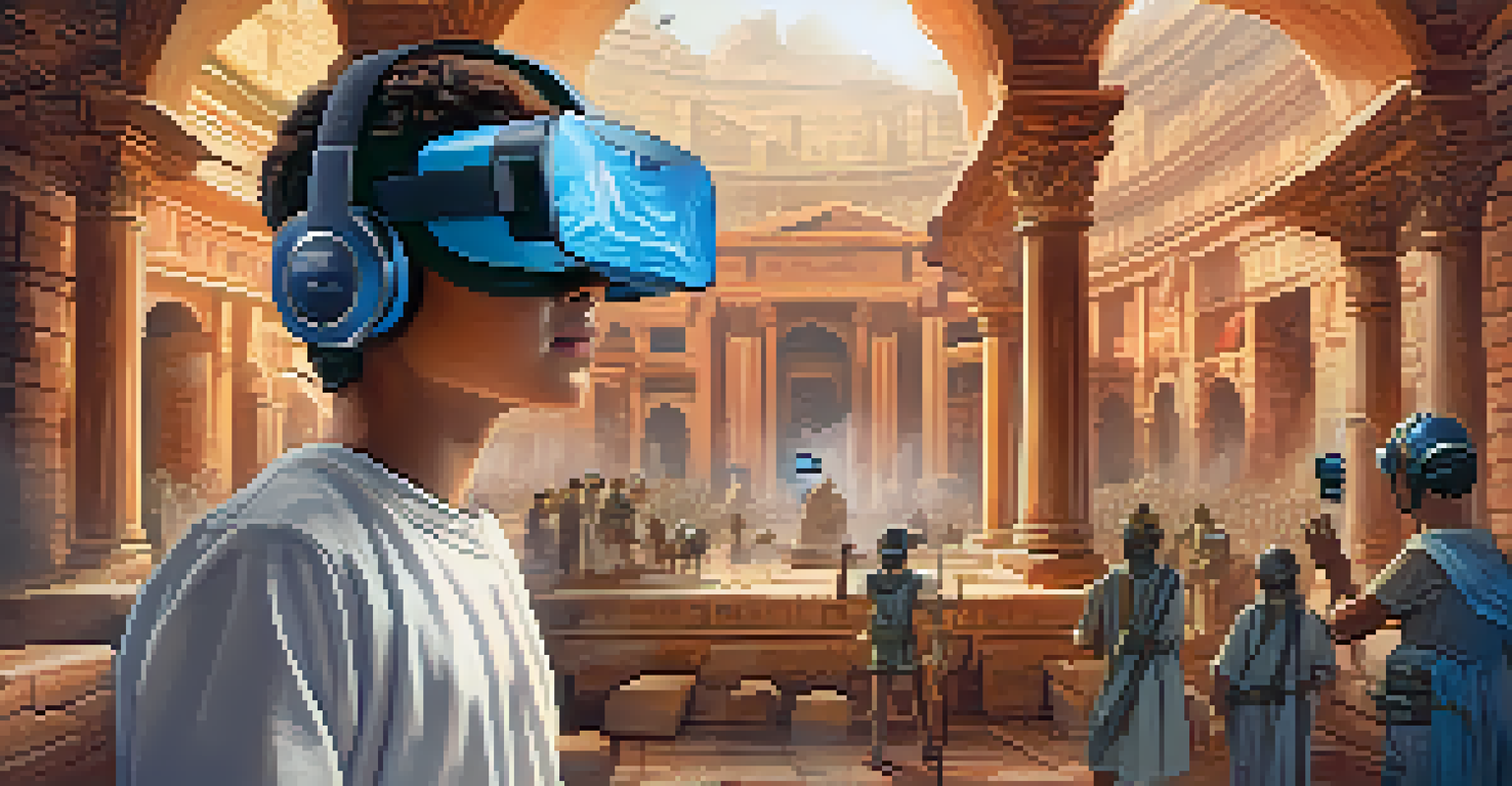 A student in virtual reality goggles exploring ancient ruins in a futuristic classroom setting.