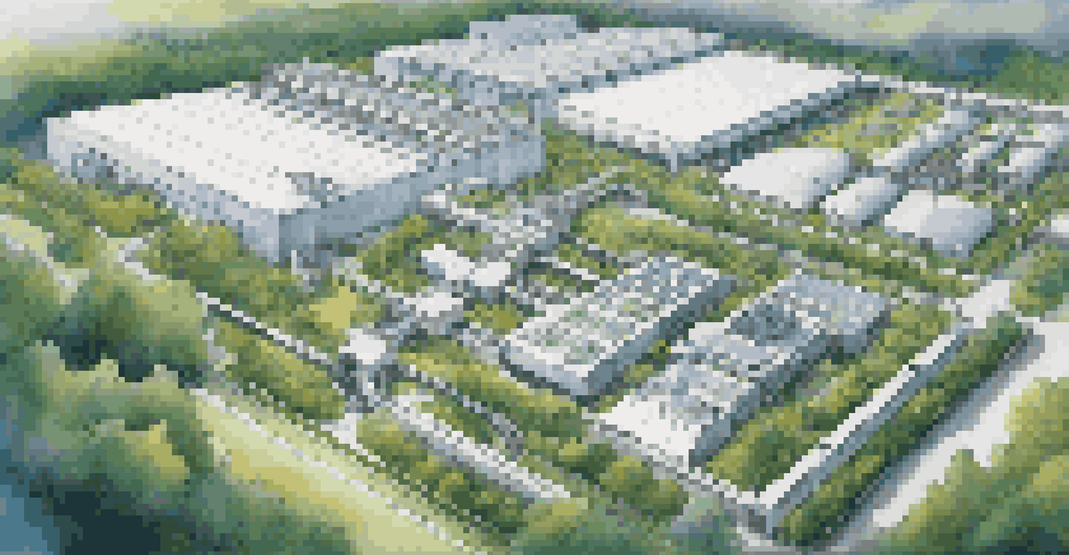 Aerial view of a modern factory with robotic assembly lines and greenery around it.