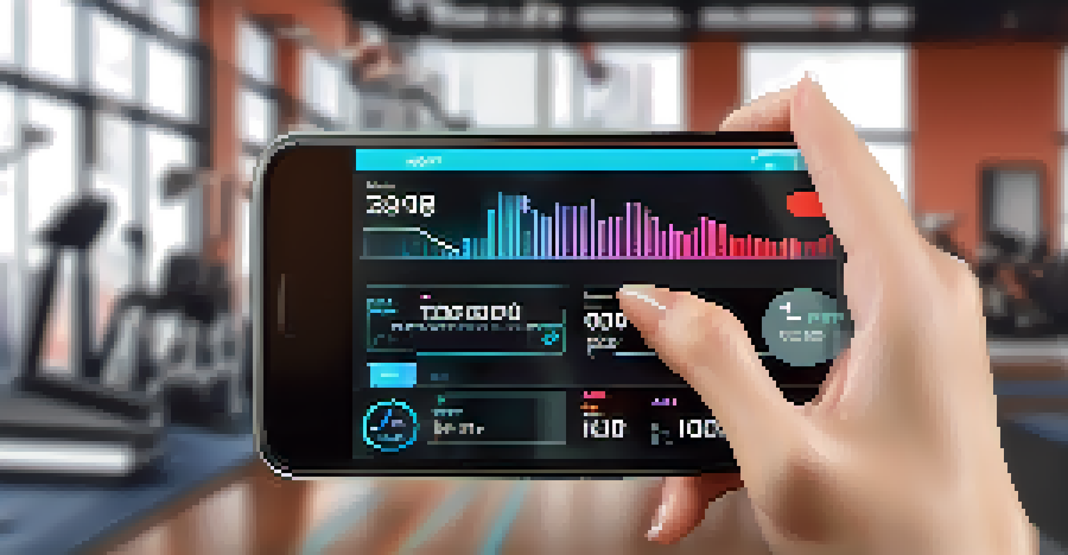 A close-up of a smartphone showing an augmented reality fitness app with real-time statistics in a gym setting.