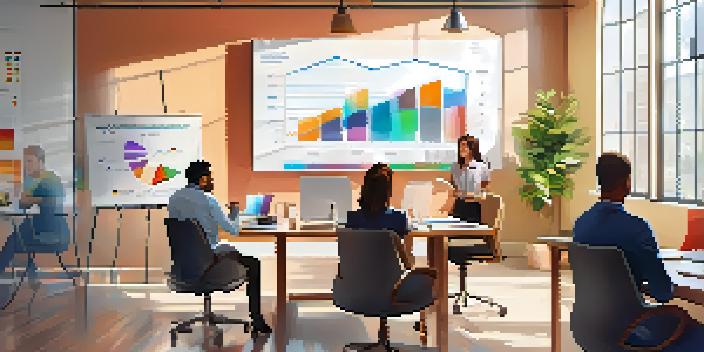 A bright office setting featuring a whiteboard with colorful graphs and KPIs, sunlight through the windows, and professionals discussing around a desk.