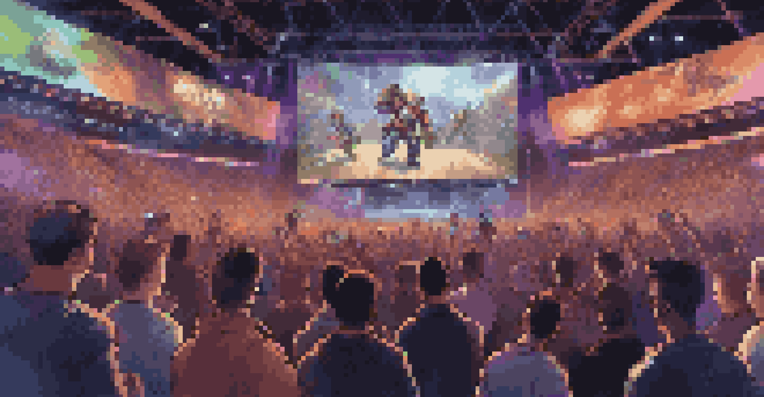 A gaming tournament with players on stage competing, an excited audience, and vibrant screens displaying gameplay.