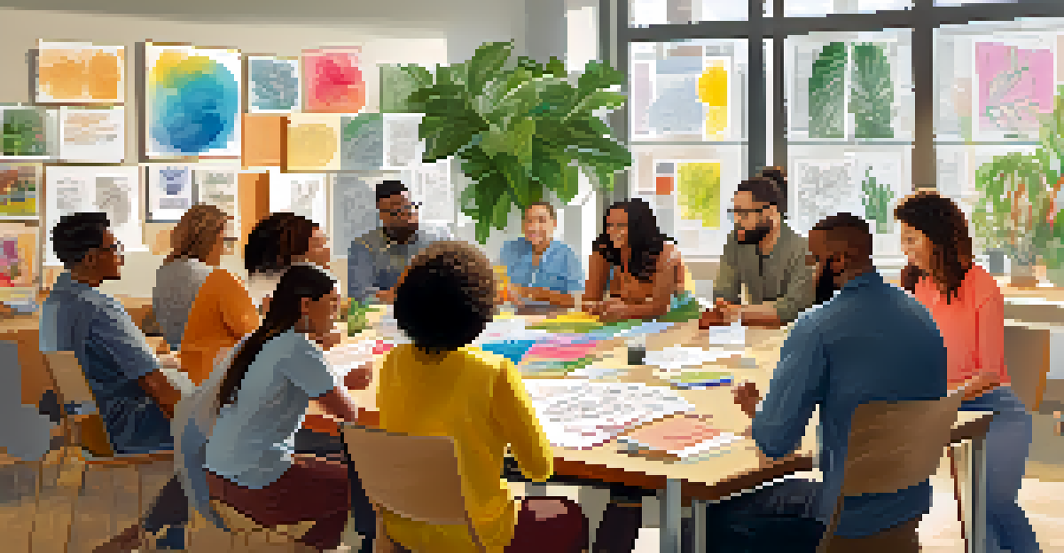 A diverse group of individuals collaborating around a table filled with sketches and post-it notes in a bright, inviting meeting room.