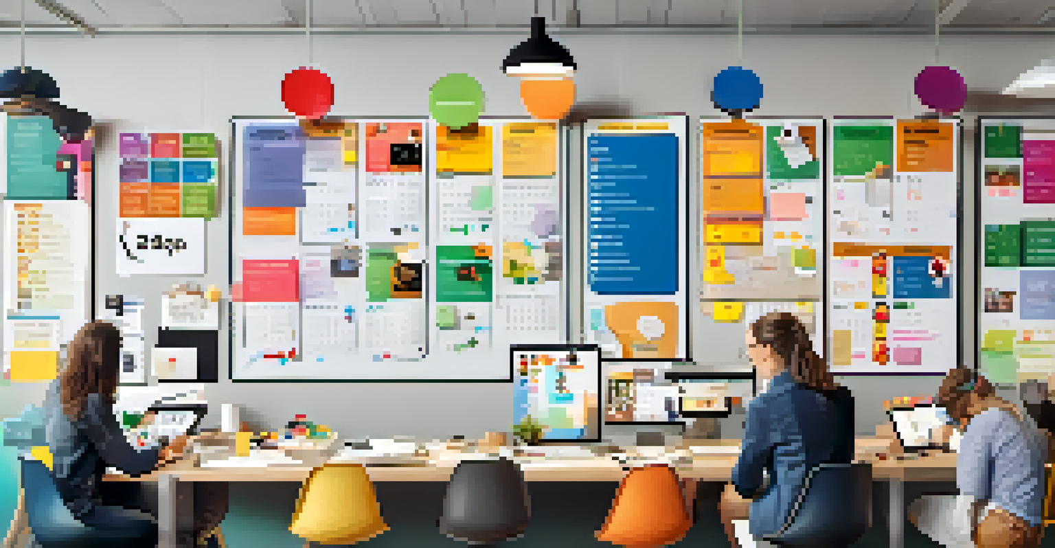 A creative workspace with a badge board, a calendar of challenges, and a diverse team collaborating on a project.