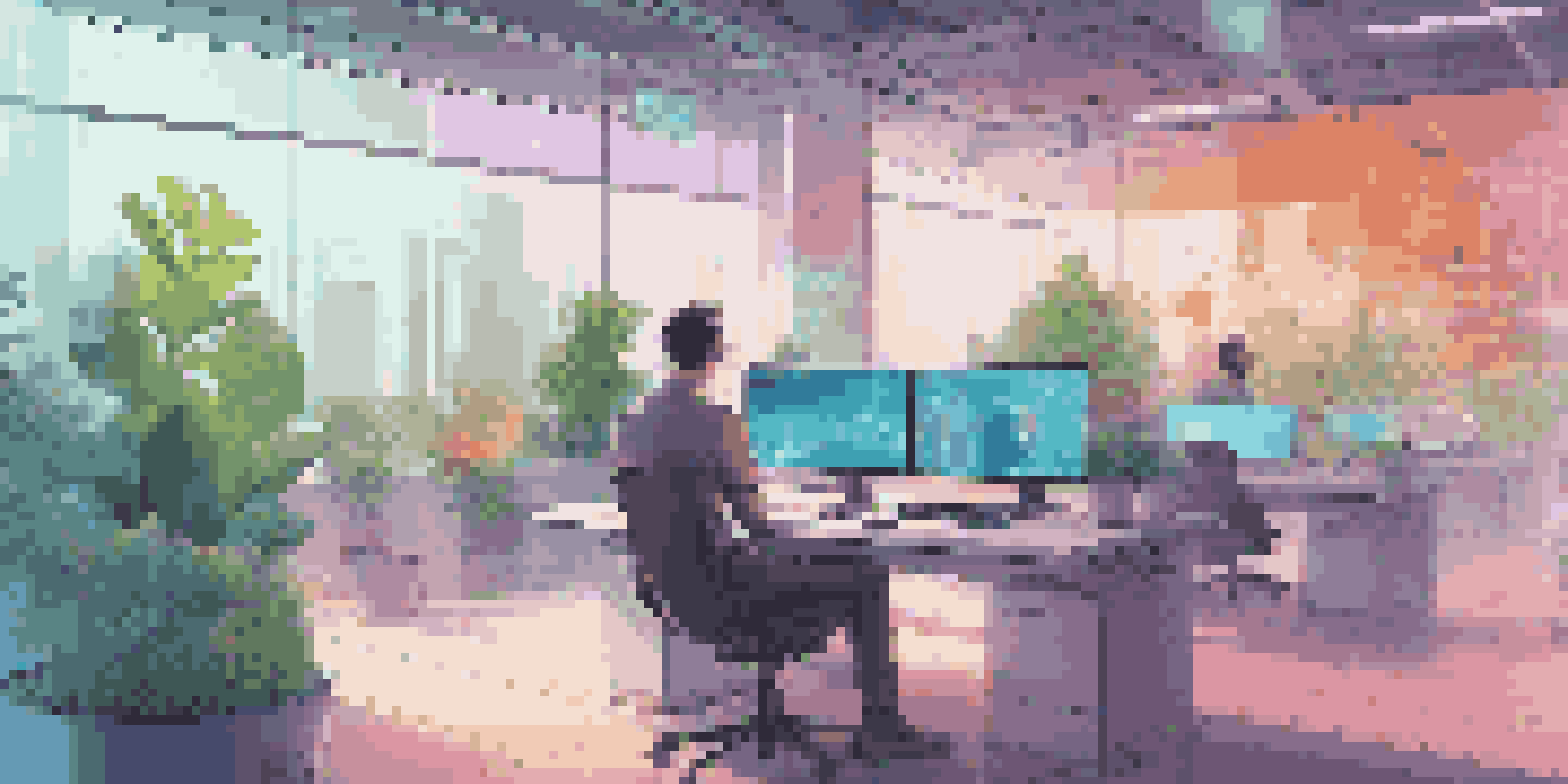 A freelancer working in a modern office filled with plants and technology, with a holographic display showing a smart contract.