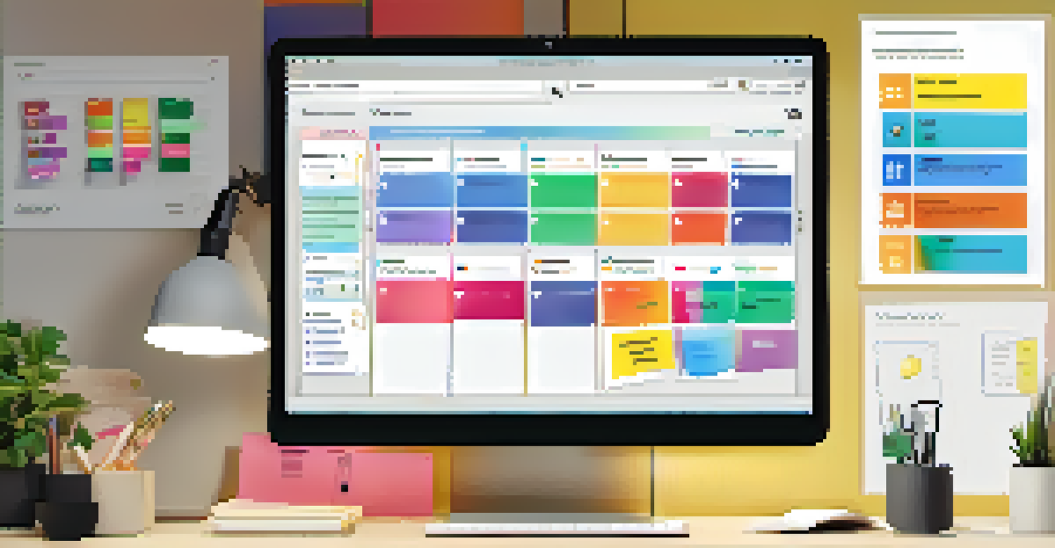 A colorful project management dashboard on a computer screen with task cards and progress indicators.