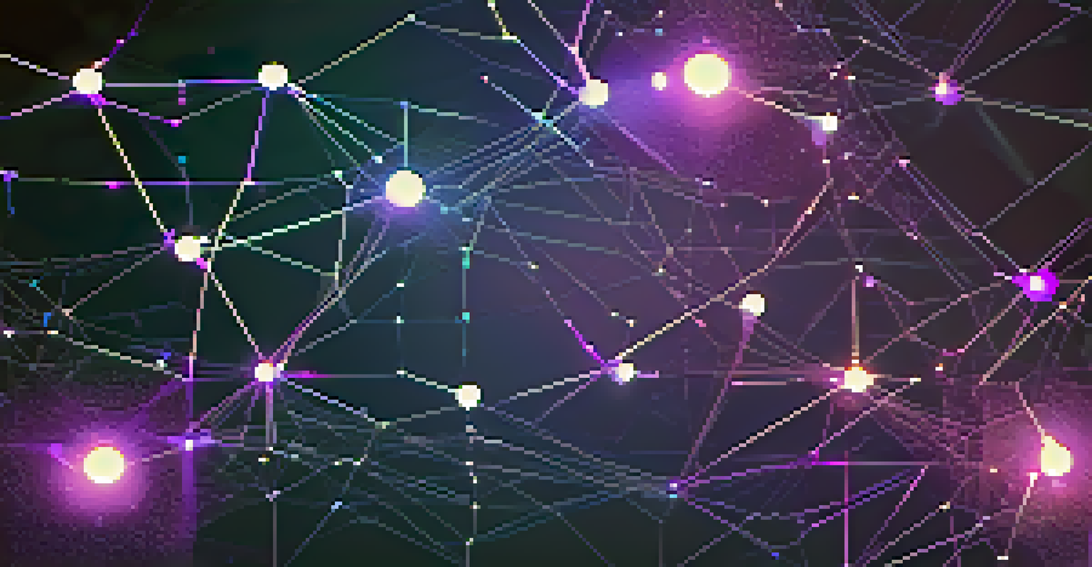 An abstract representation of a blockchain network with glowing nodes interconnected, set against a deep blue and purple gradient background.