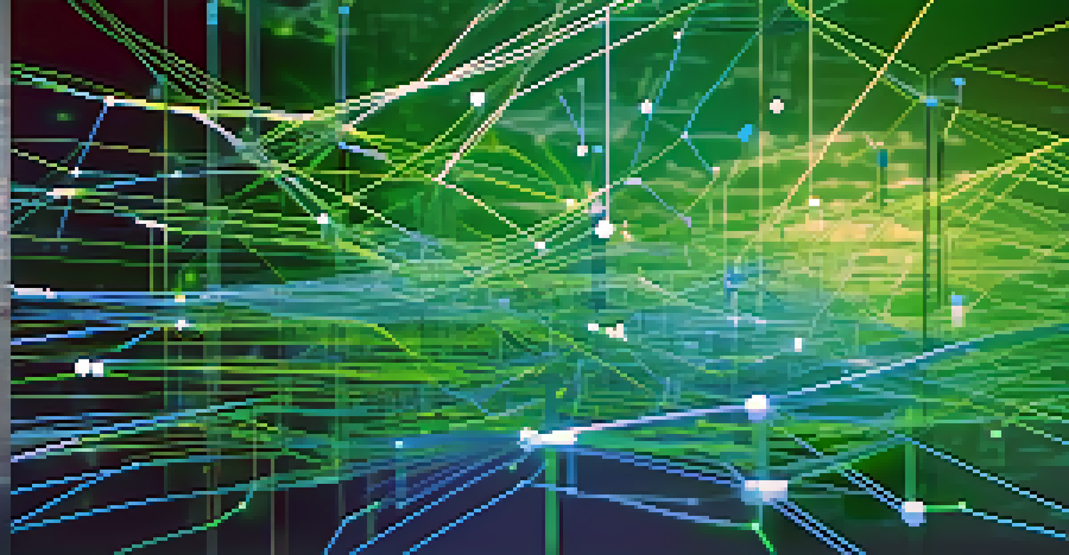 An abstract digital representation of interconnected nodes and lines in blue and green, symbolizing data governance.