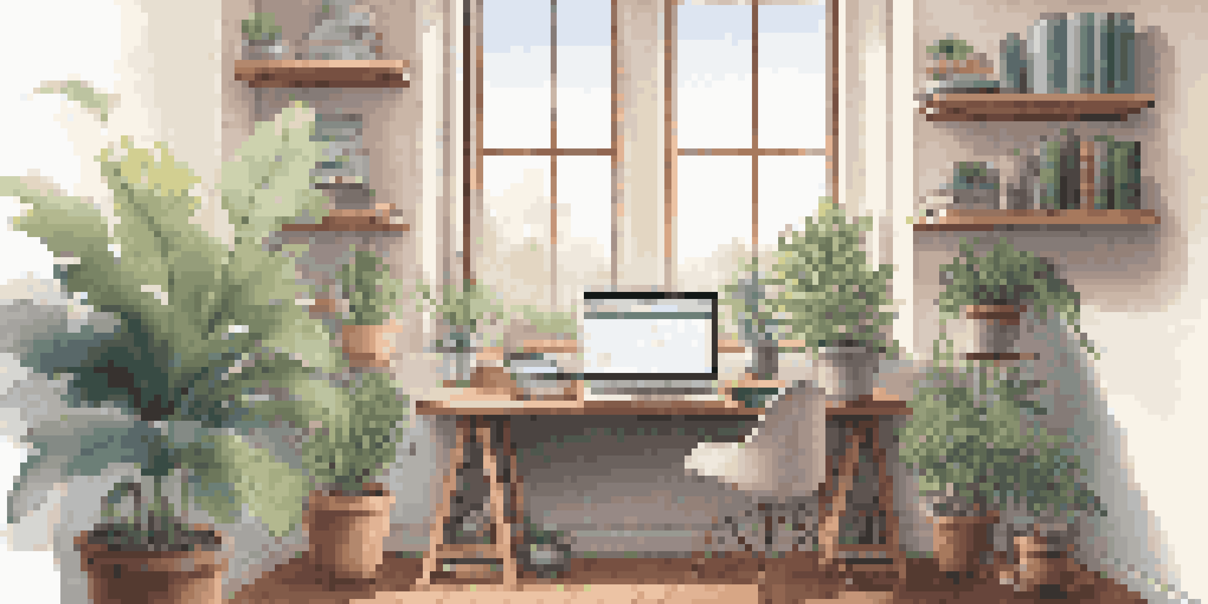 A peaceful workspace with a laptop showing a digital literacy course, surrounded by books and a plant, illuminated by soft natural light.