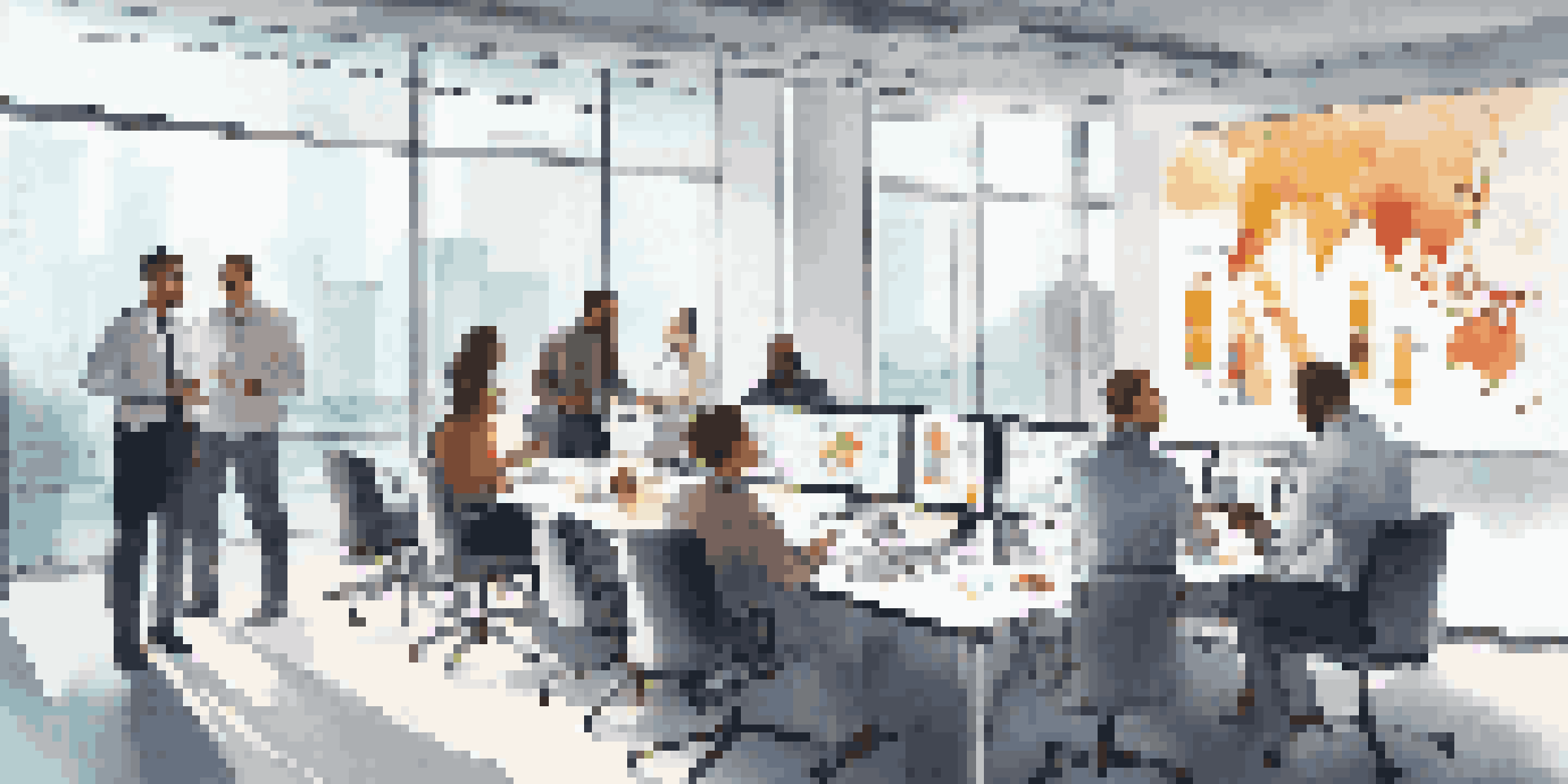 A diverse group of employees in a bright office discussing data analytics around a conference table.
