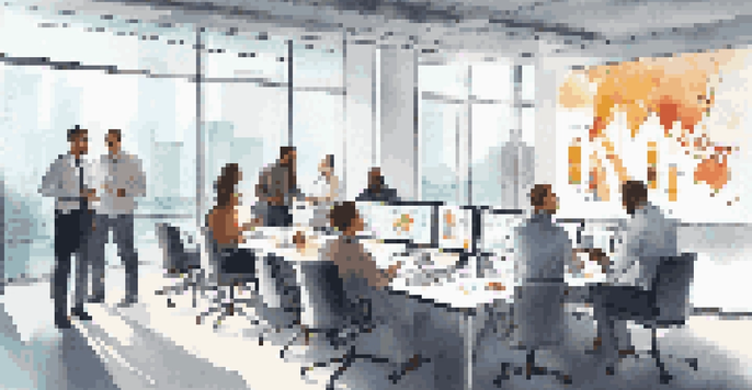 A diverse group of employees in a bright office discussing data analytics around a conference table.