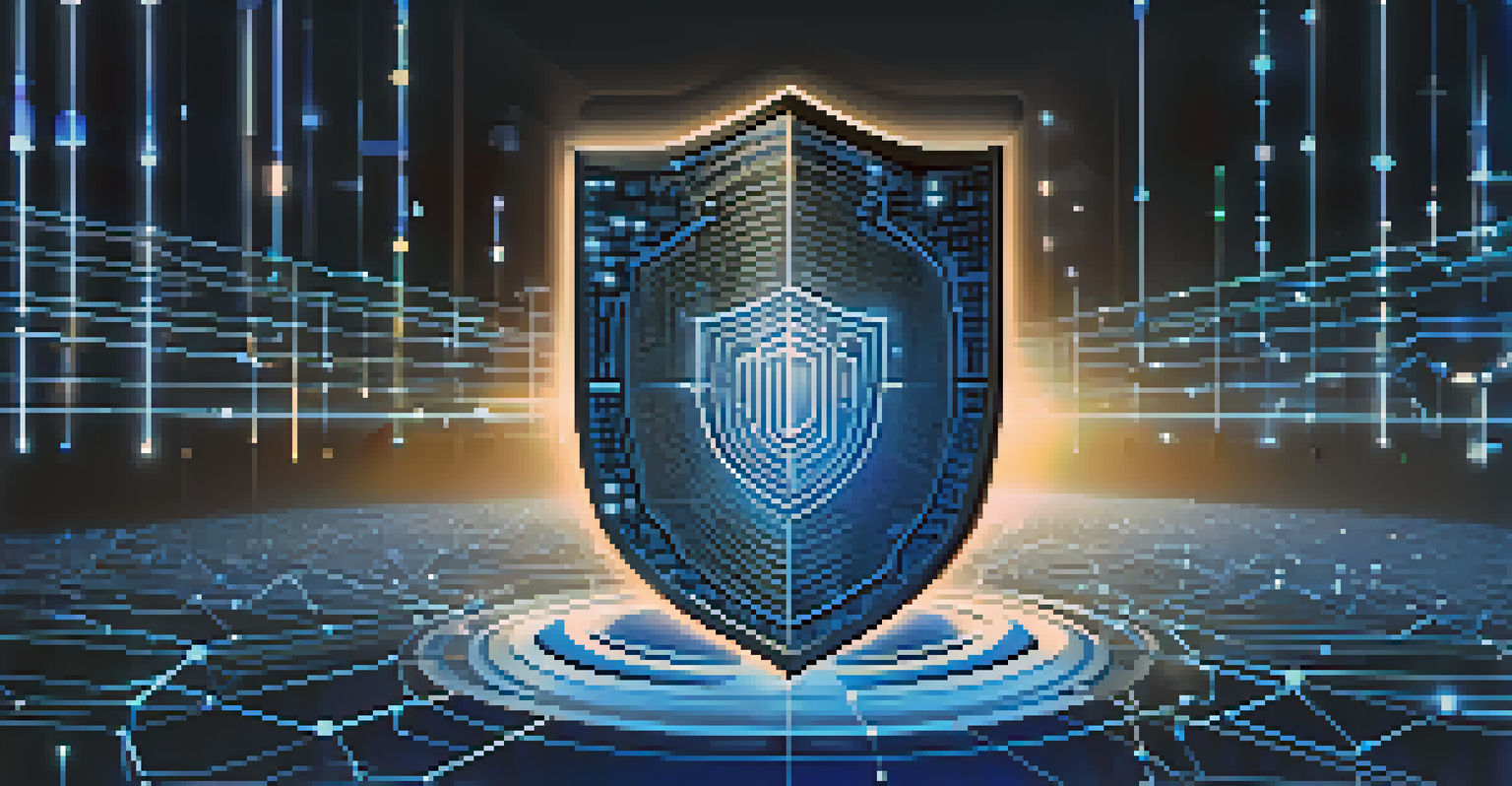 An abstract image of a glowing shield symbolizing digital security, surrounded by networks and binary code on a deep blue background.