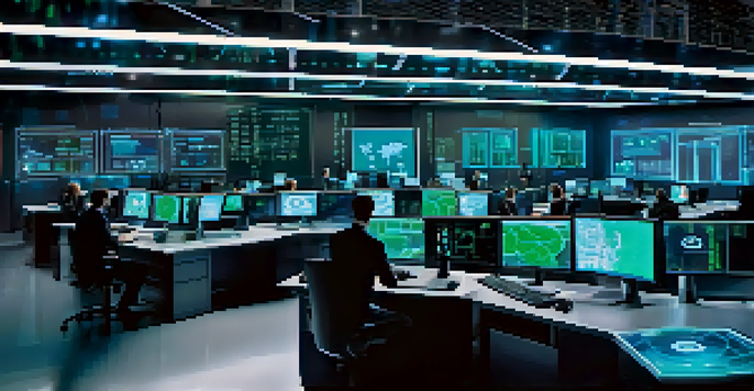 A high-tech cybersecurity operations center with diverse professionals monitoring data analytics on large screens, illuminated by blue and green lights.