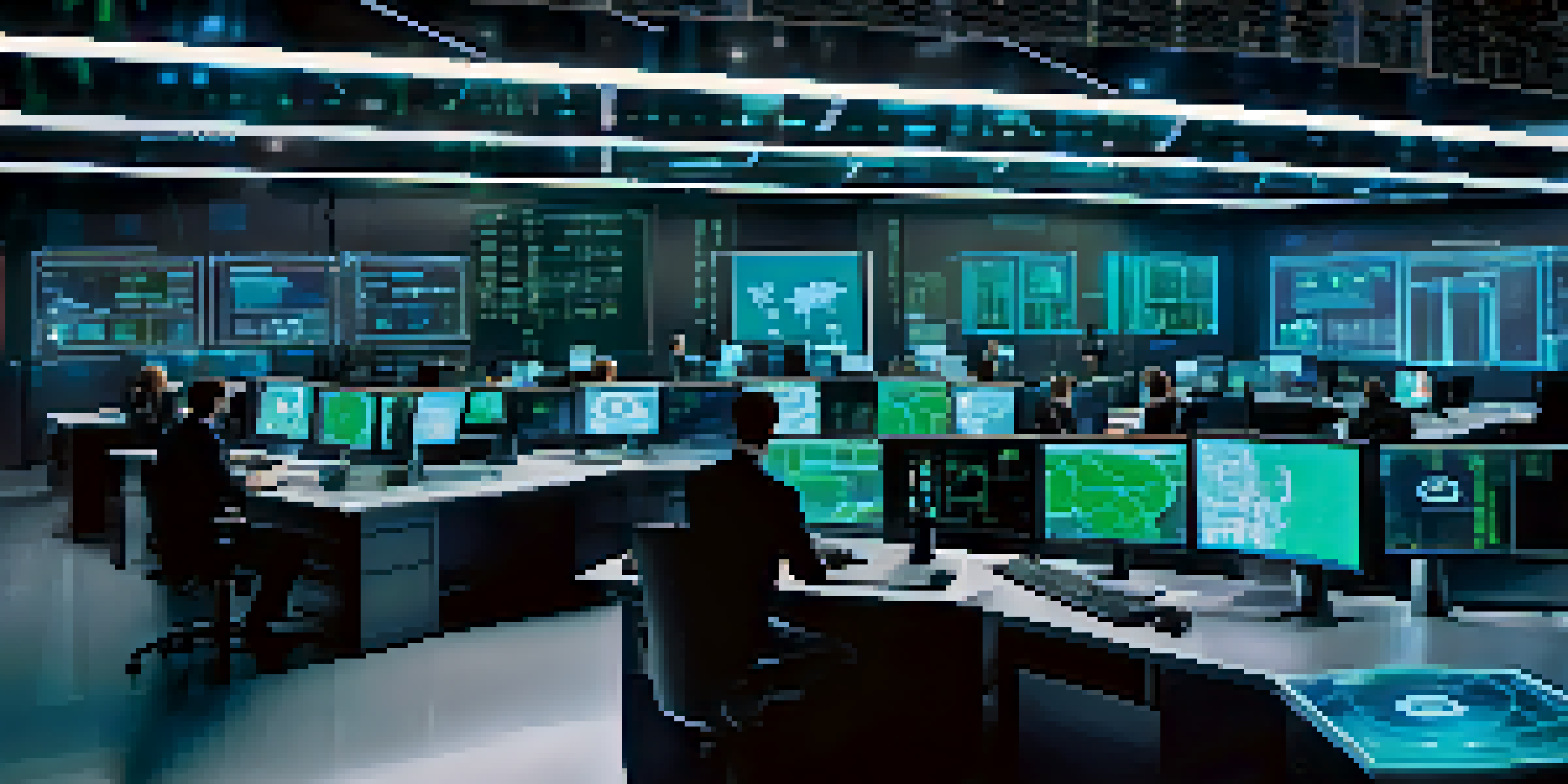 A high-tech cybersecurity operations center with diverse professionals monitoring data analytics on large screens, illuminated by blue and green lights.