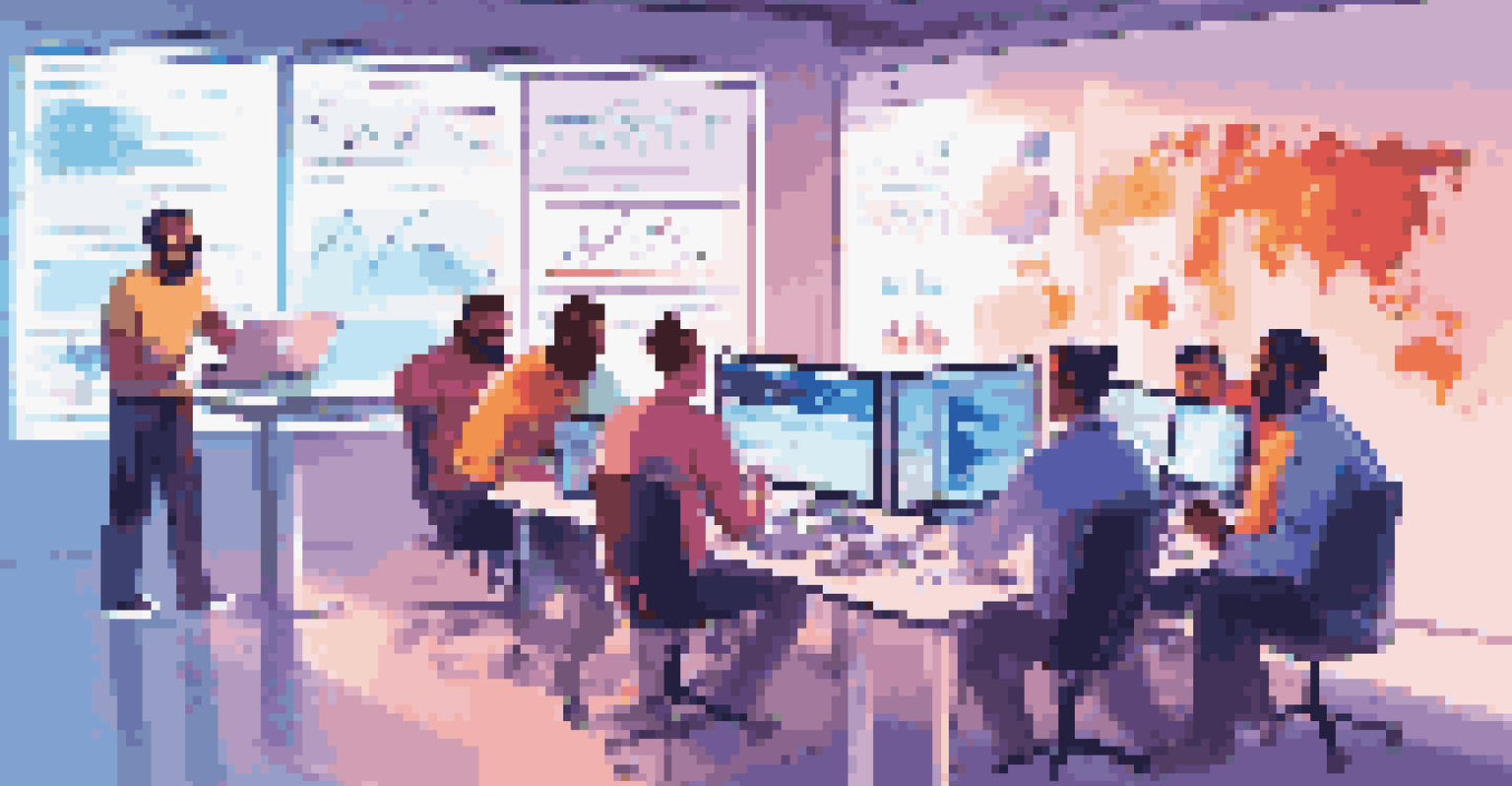 A diverse team of developers collaborating at a table, analyzing code on a shared screen with laptops and notebooks around them in a lively, colorful setting.