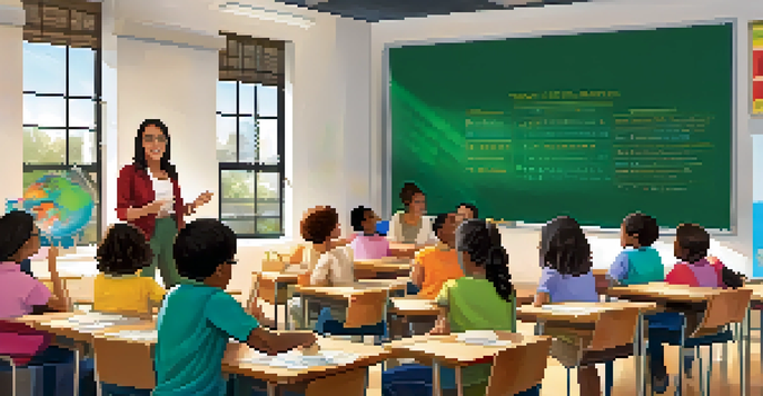 A lively classroom with a teacher and engaged students, showcasing both traditional and gamified learning elements.