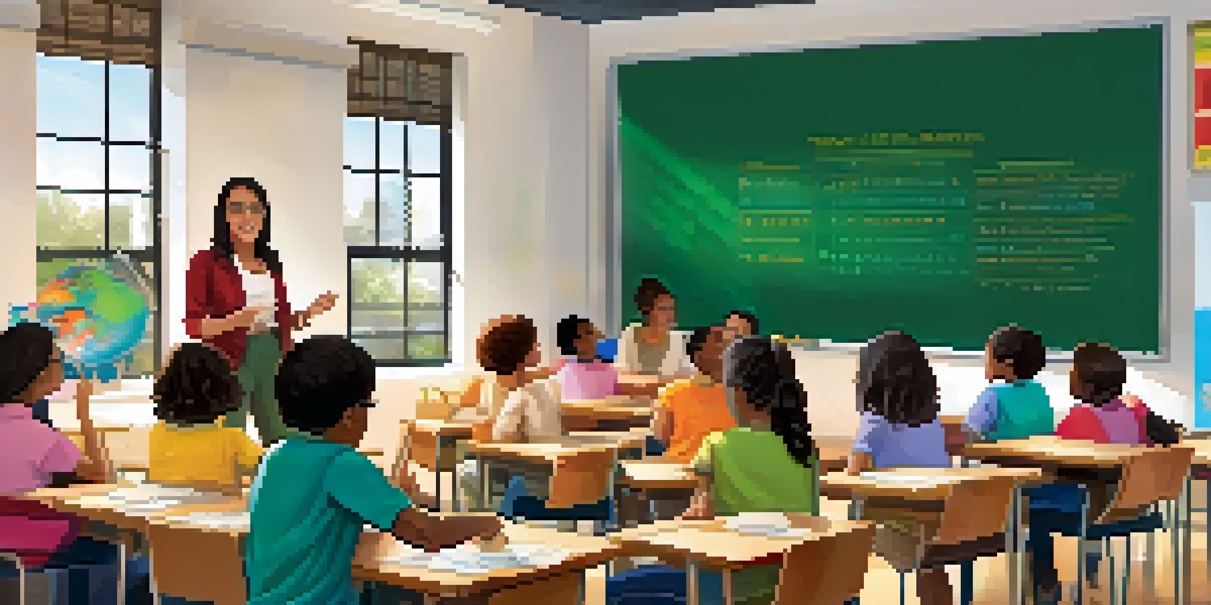 A lively classroom with a teacher and engaged students, showcasing both traditional and gamified learning elements.