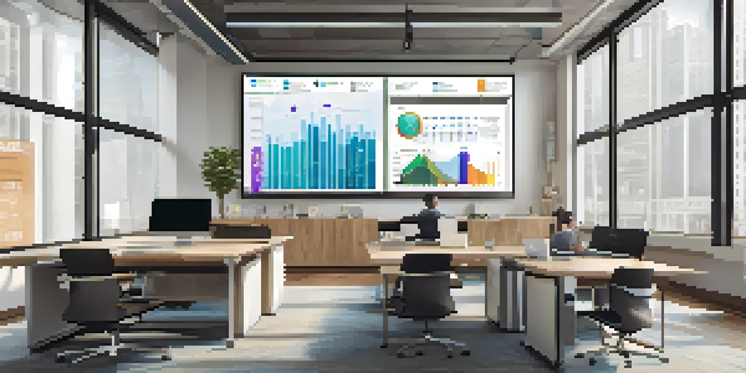 A modern office with a person using a tablet to interact with data visualization software displayed on a large screen, featuring colorful graphs and charts.