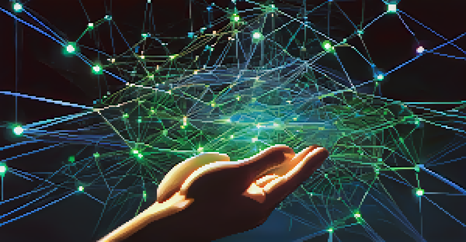 A futuristic AI network with glowing lines and a human hand reaching out.