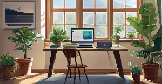 A cozy home office with a wooden desk, laptop, plant, and privacy educational posters on the walls.