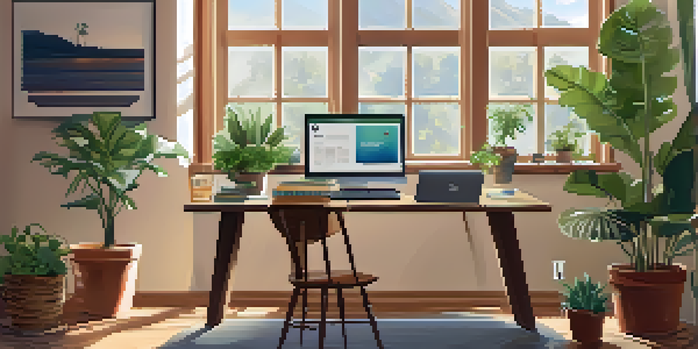 A cozy home office with a wooden desk, laptop, plant, and privacy educational posters on the walls.
