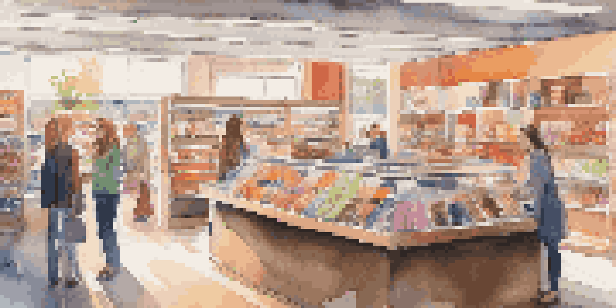 A retail worker helping a customer inside a brightly lit store filled with colorful products on shelves.