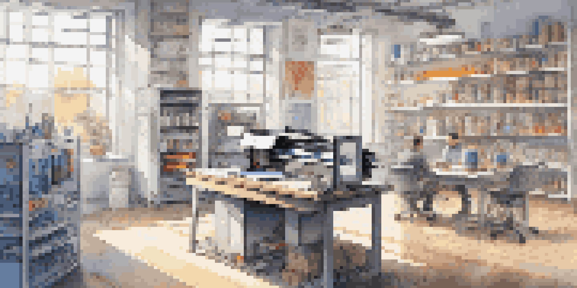 A well-lit modern workspace with a 3D printer actively creating parts, colorful filament spools on shelves, and technical blueprints on the desk.