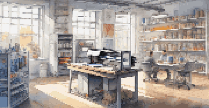 A well-lit modern workspace with a 3D printer actively creating parts, colorful filament spools on shelves, and technical blueprints on the desk.