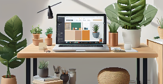 A bright workspace with a laptop showing an online store, colorful product samples, and a notepad with SEO notes, all bathed in natural light.