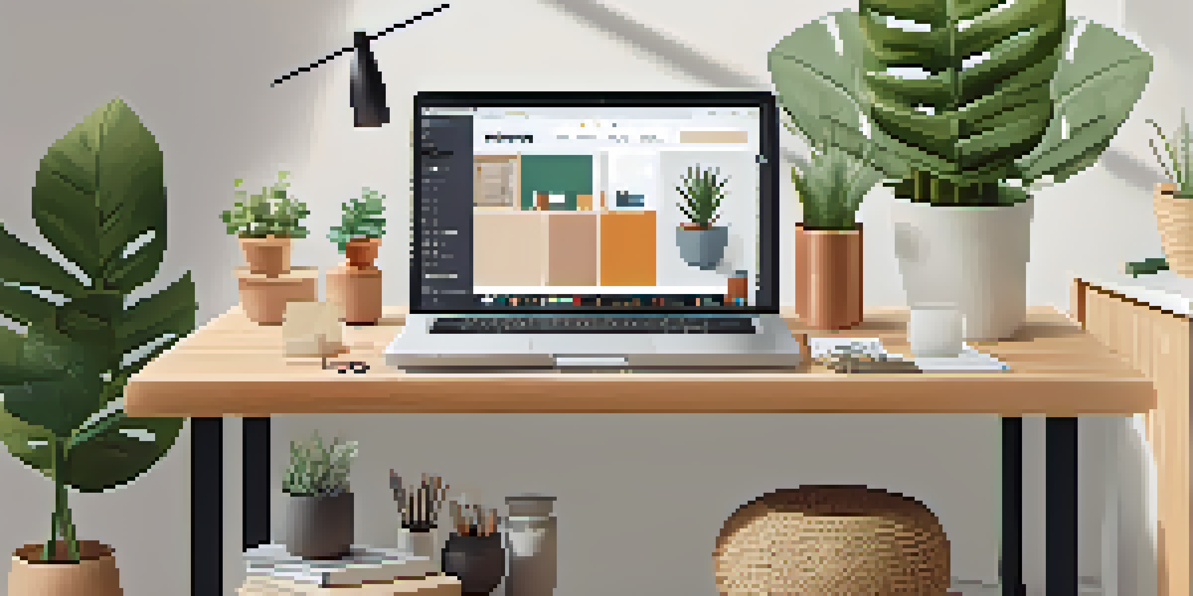 A bright workspace with a laptop showing an online store, colorful product samples, and a notepad with SEO notes, all bathed in natural light.