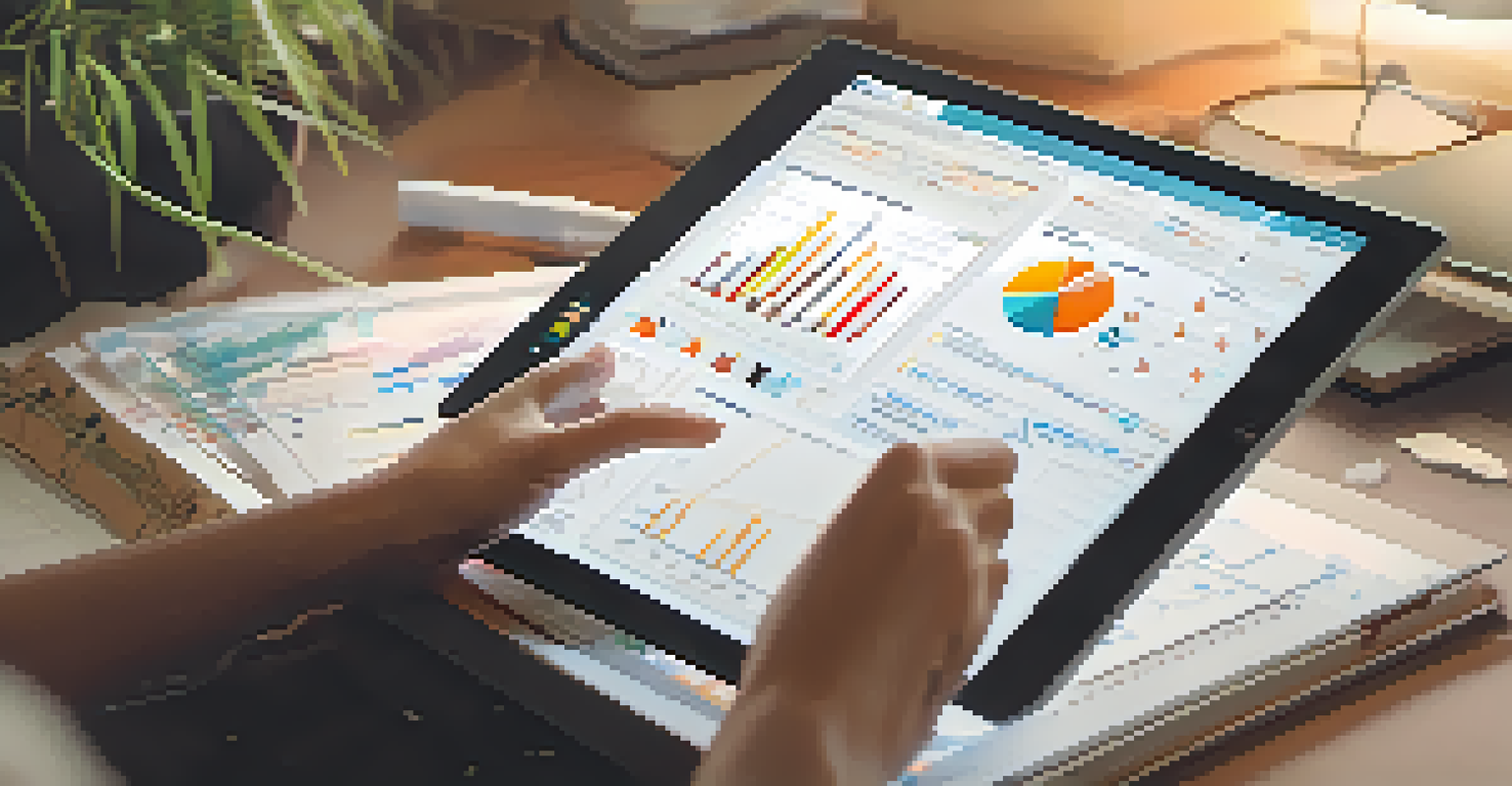 Close-up of a person analyzing data on a tablet, with notes and charts on a desk, in a warm and inviting workspace.