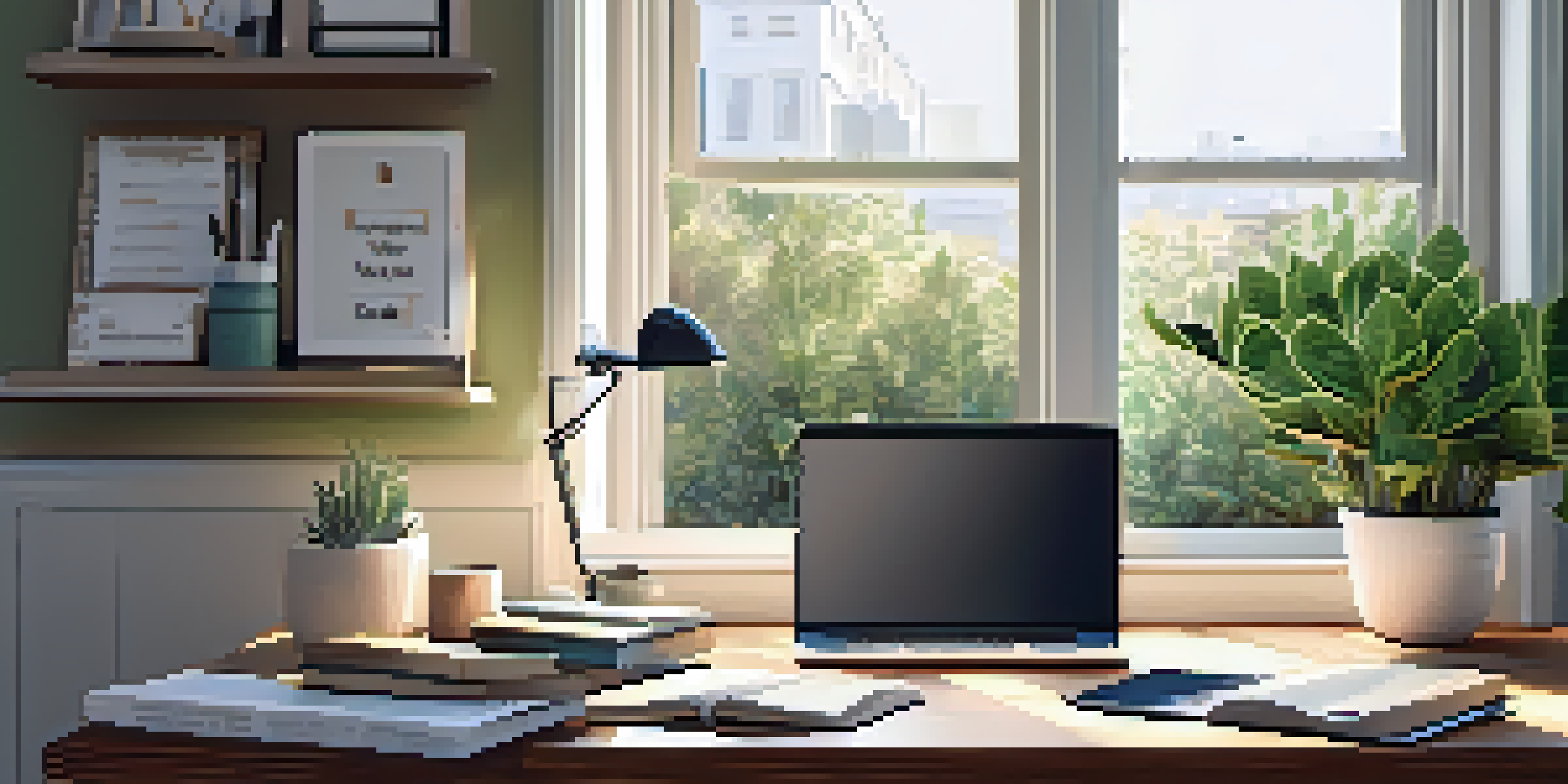 A cozy modern home office with a desk, laptop, and a green plant, illuminated by warm morning light.