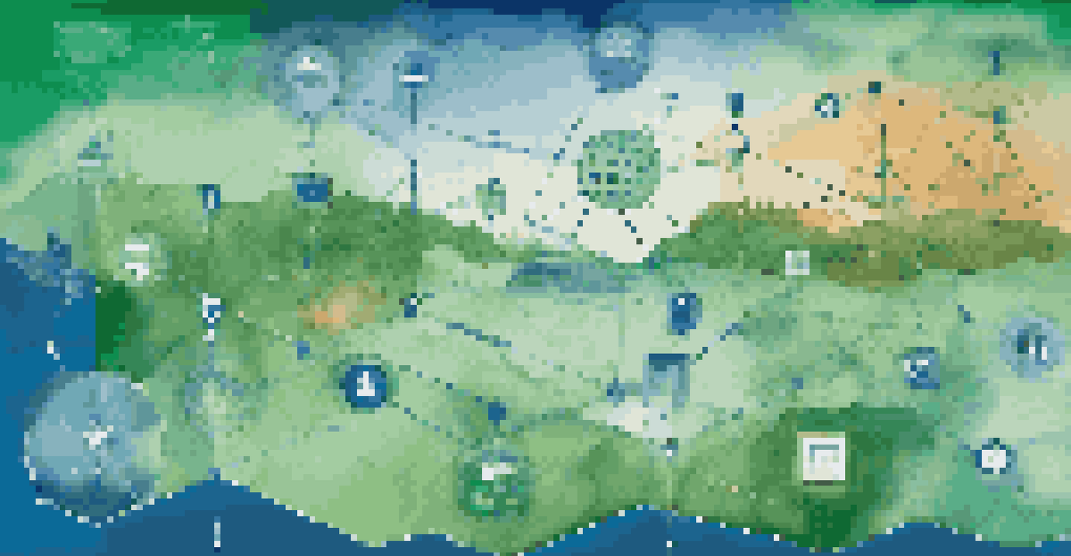 An abstract digital landscape illustrating risk management with interconnected nodes and risk icons.