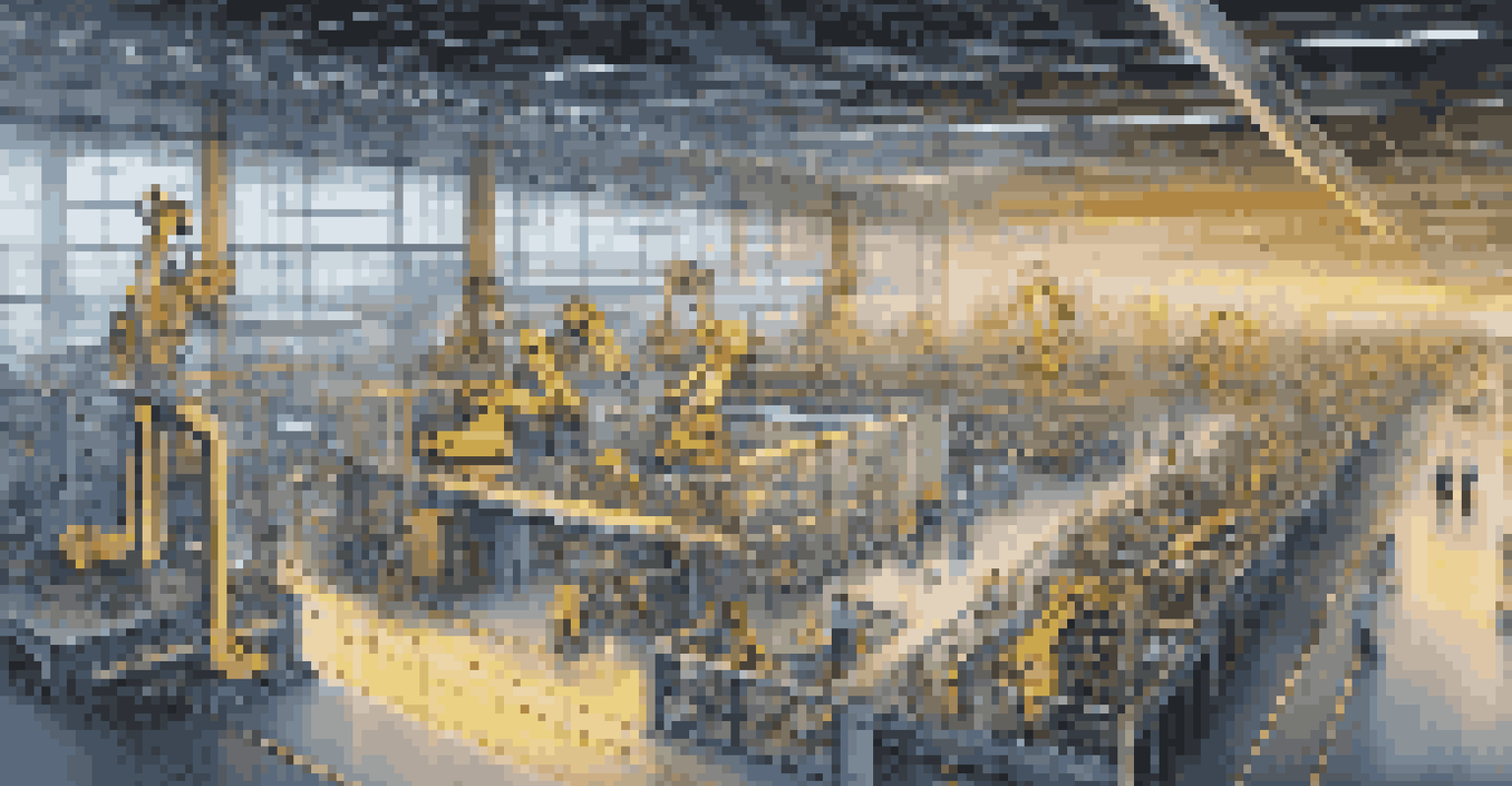 An industrial smart factory with robotic arms and glowing lines indicating 5G connectivity.