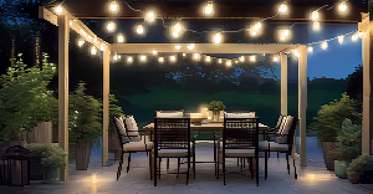 A beautifully lit outdoor patio at dusk, with string lights and LED fixtures illuminating the space, surrounded by comfortable furniture and lush plants.