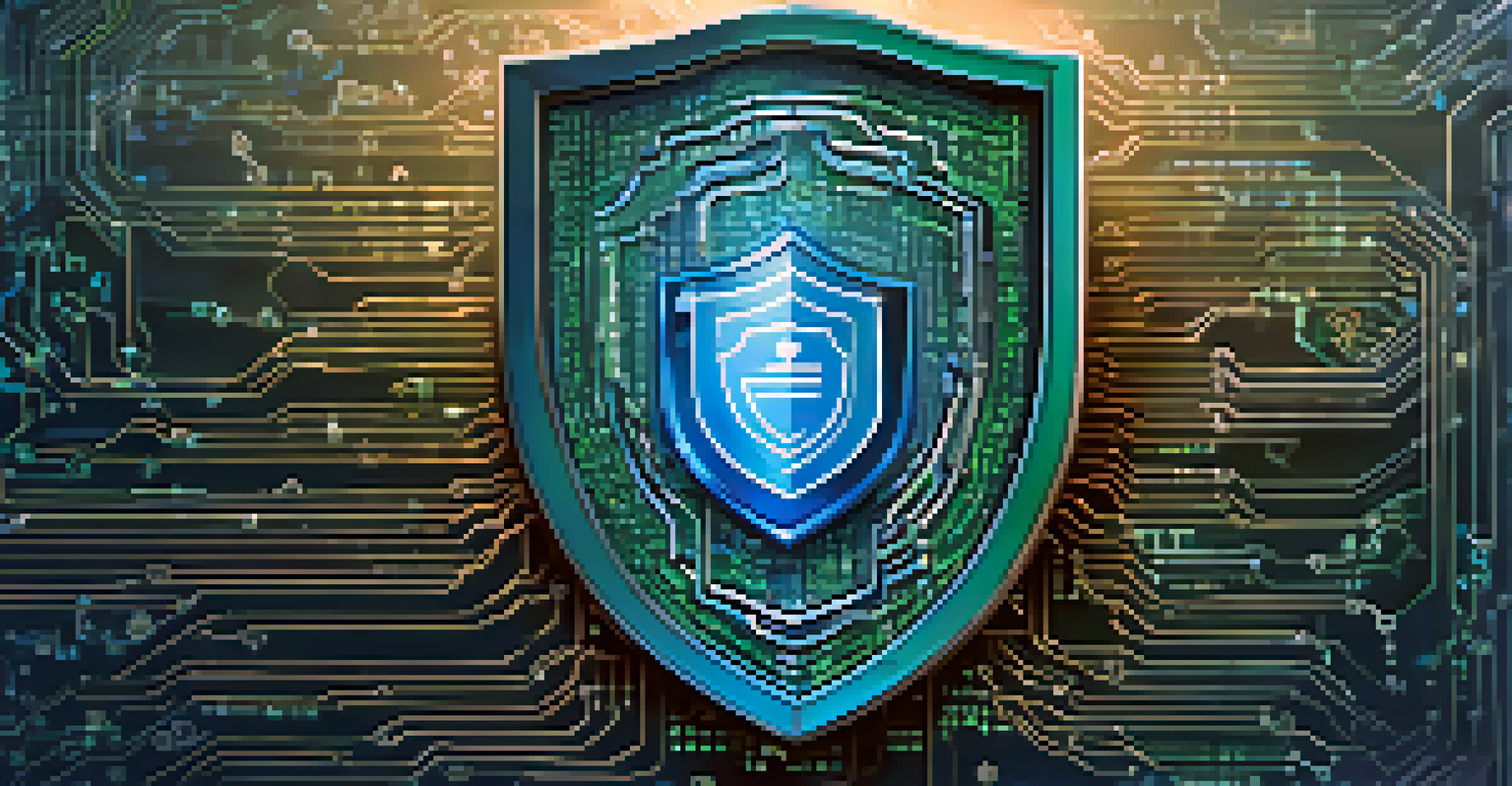 A digital shield symbolizing cybersecurity with binary code and icons representing data protection in a blue and green color scheme.