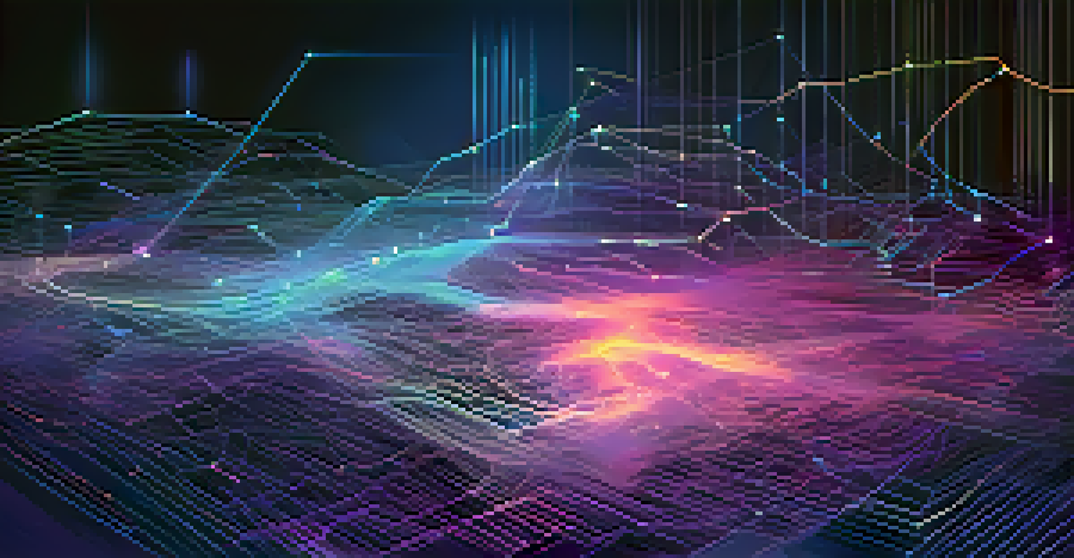 An abstract digital landscape illustrating machine learning in finance with interconnected nodes and glowing data streams.