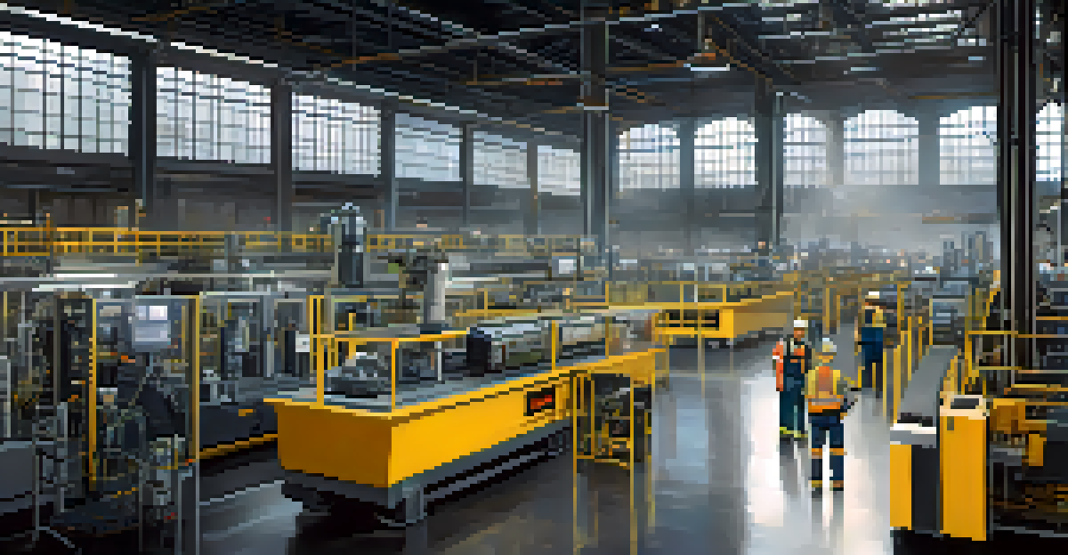 A busy factory floor with machines and workers using screens to monitor real-time data analytics, illustrating Edge AI technology in action.