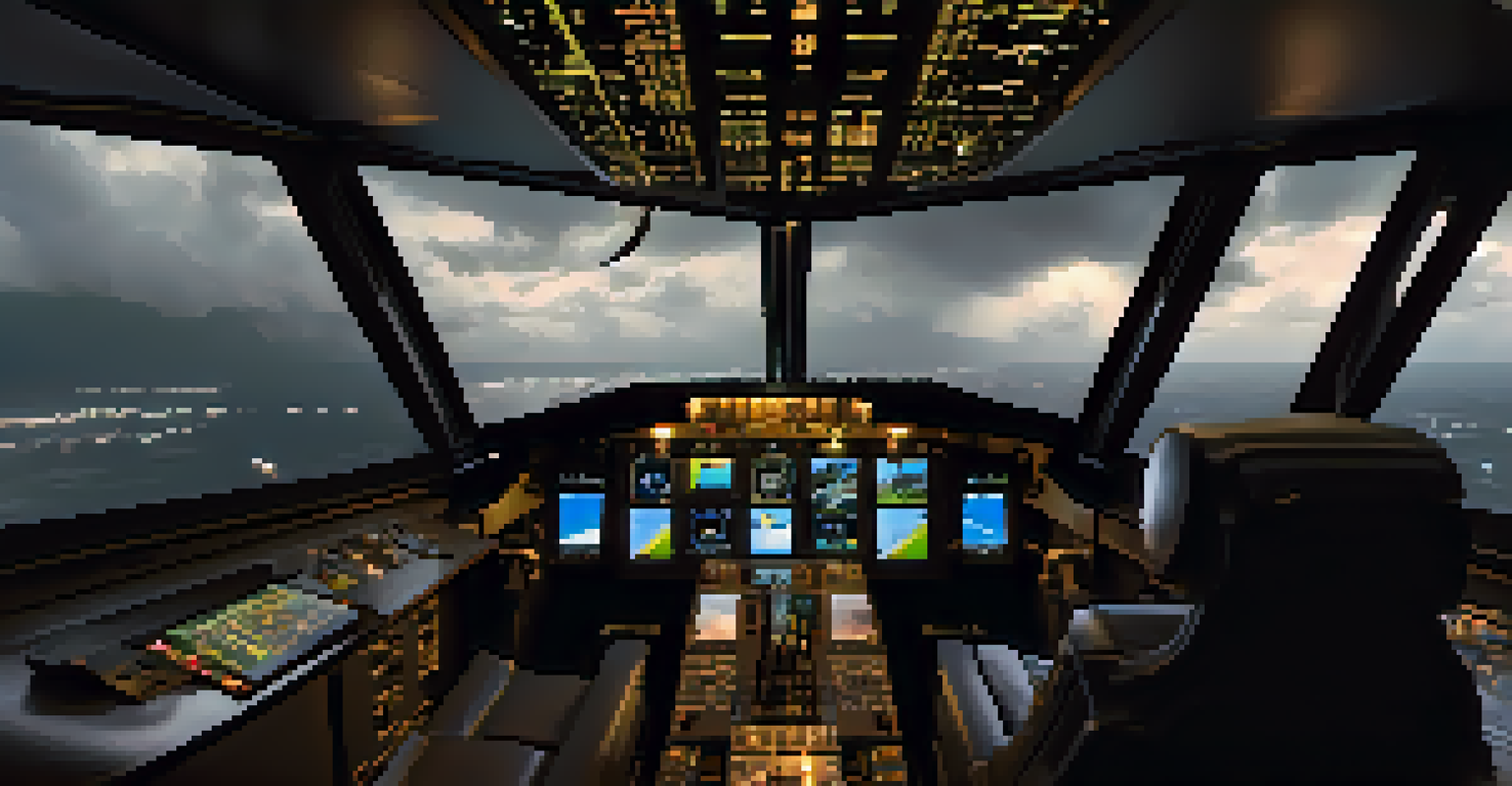 A pilot in a virtual reality simulator, navigating through a stormy sky filled with dark clouds and lightning.