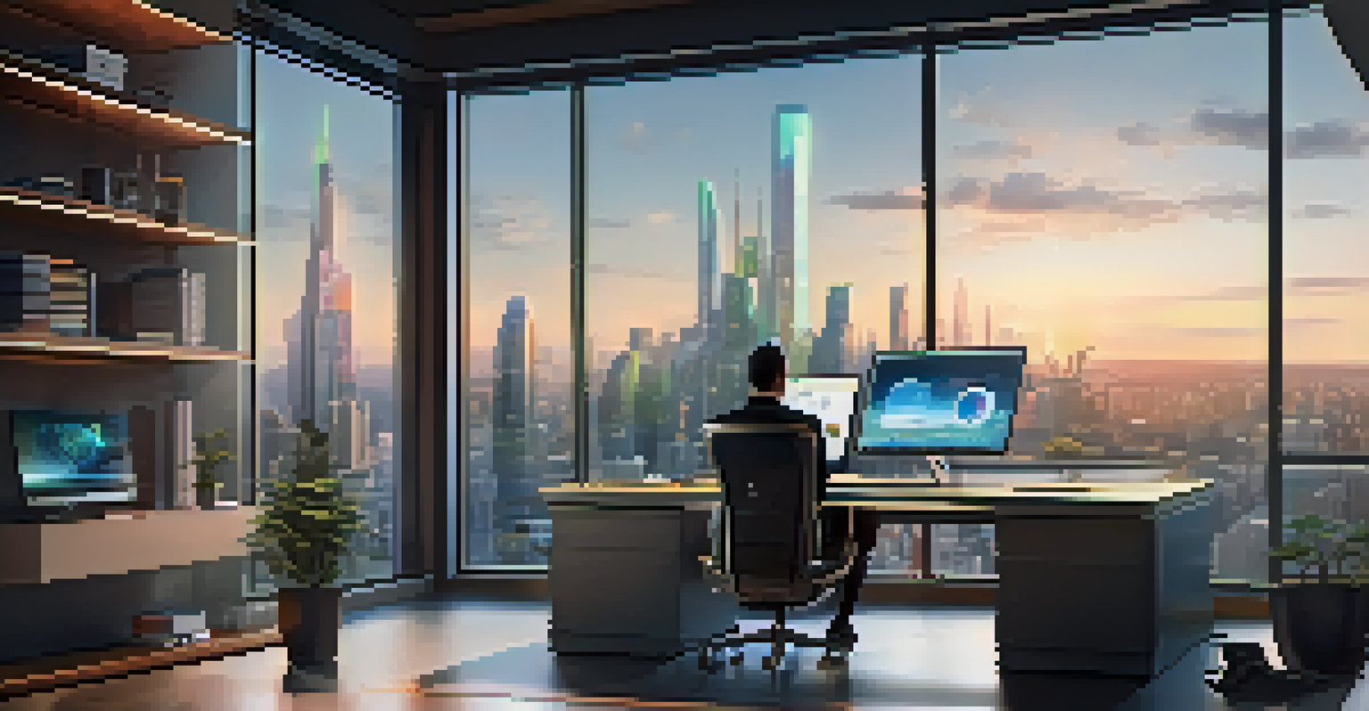 A modern home office with a person interacting with an AI personal assistant on their computer, showcasing a city skyline view.