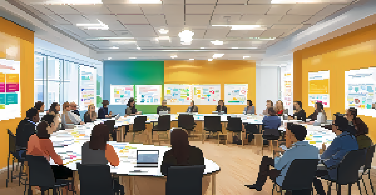 A workshop scene with participants brainstorming ideas for digital transformation, surrounded by sticky notes and laptops.