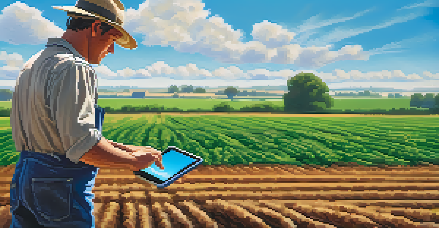 A farmer checking soil moisture on a smartphone in a green field with irrigation systems.