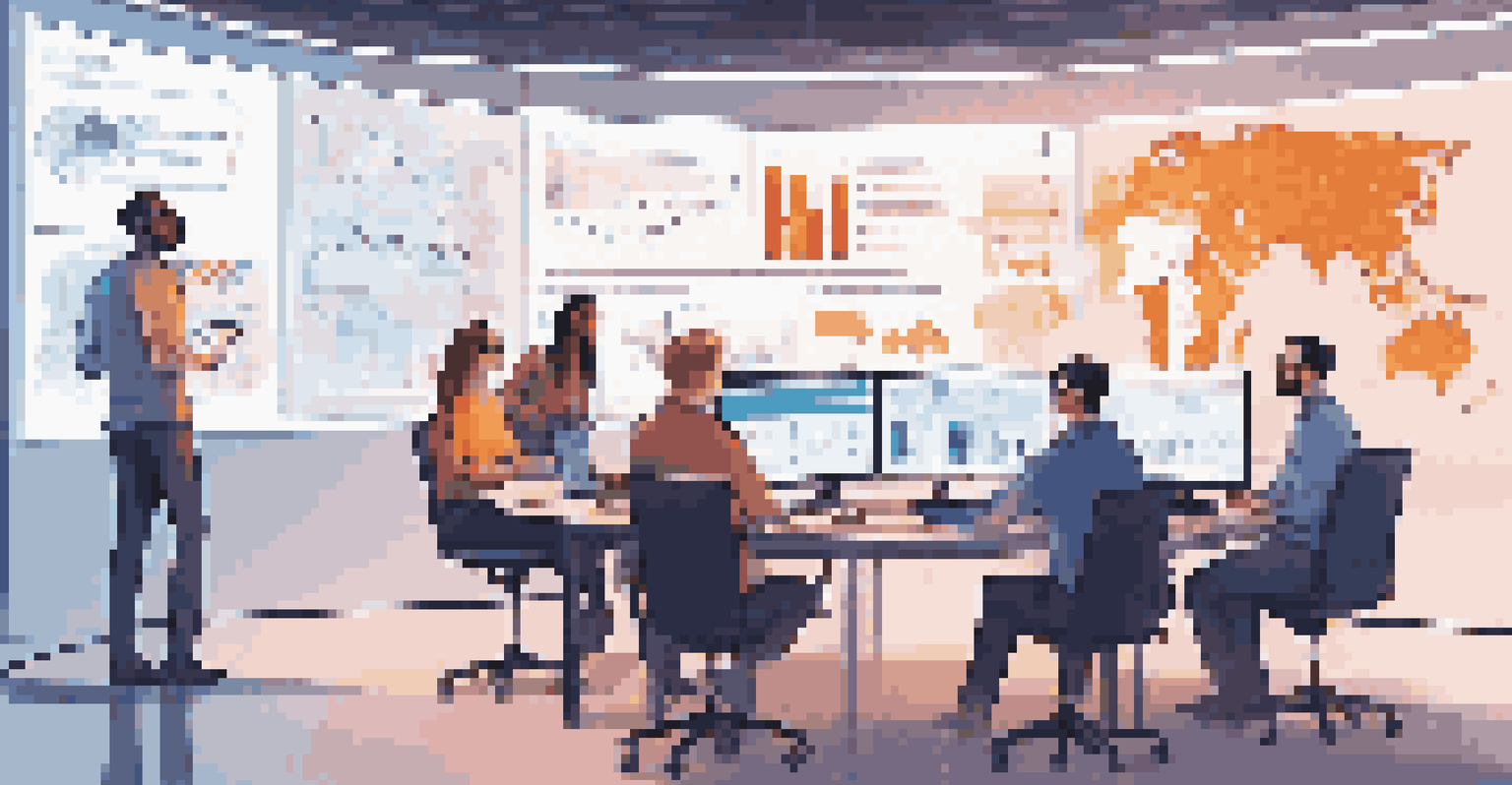 A diverse team of software developers collaborating around digital screens with user experience data and analytics in a vibrant workspace.